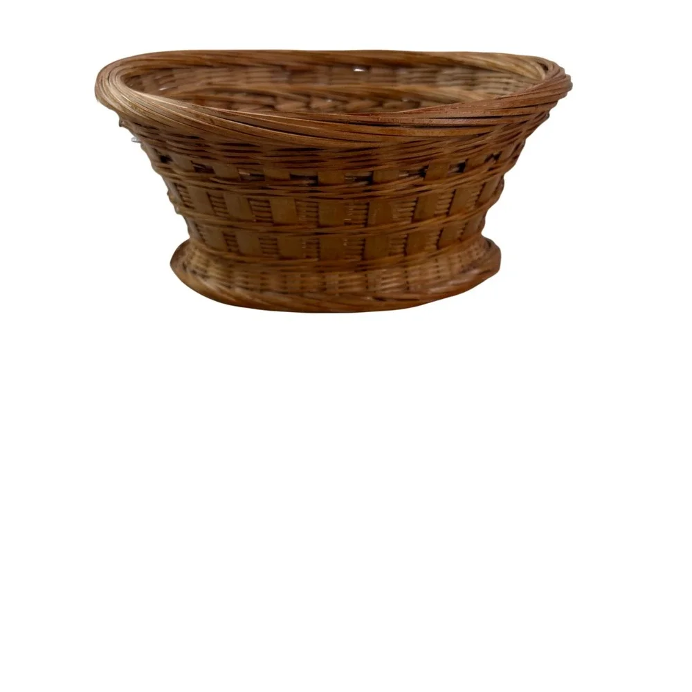 Vintage Wicker Pedestal Basket Oval Woven Wood Fruit Bowl Brown Boho Home Decor